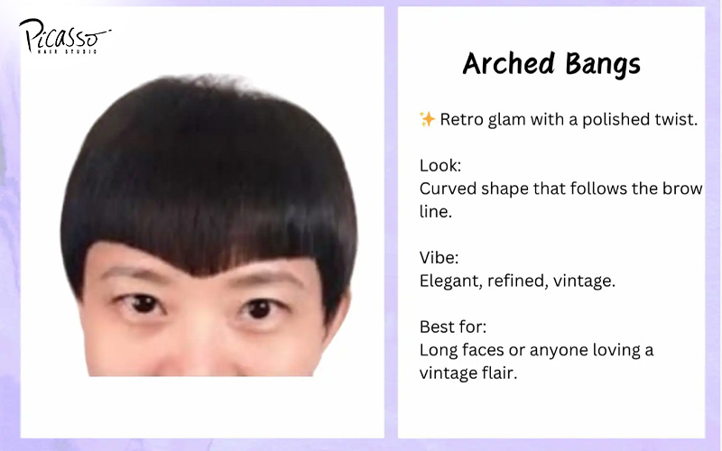 Model showing elegant, curved, vintage arched bangs.