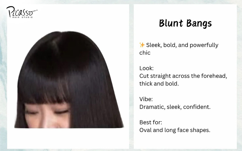Model showing sleek, bold, and thick blunt bangs.