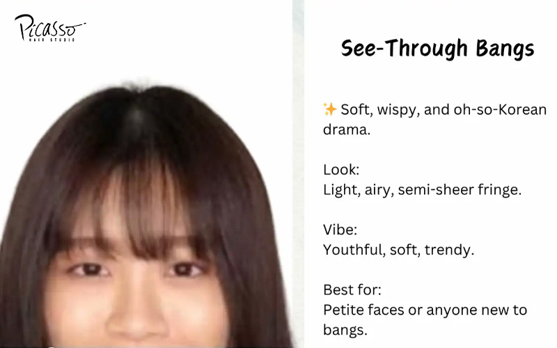 Model showing soft, wispy, Korean-style see-through bangs.