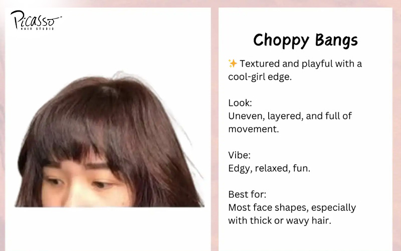 Model showing textured, uneven, and playful choppy bangs.