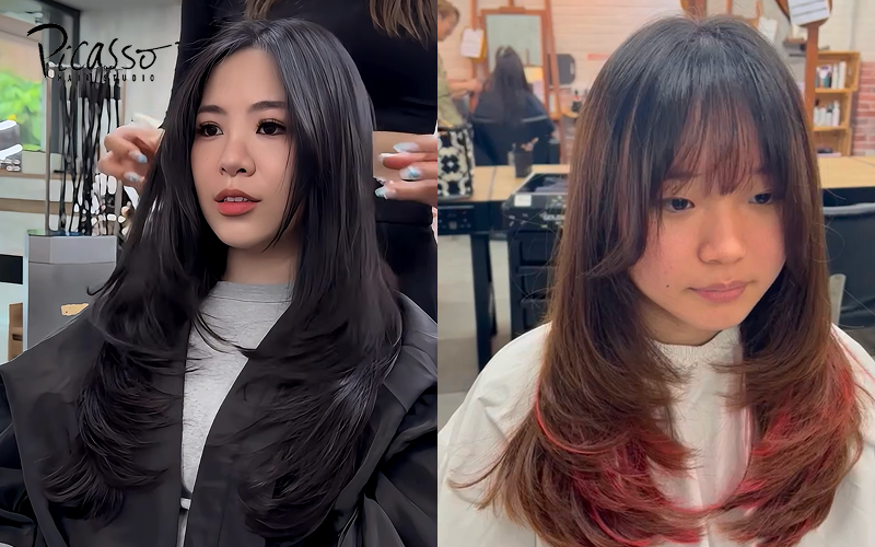 Woman with face-framing layers at Picasso Hair Studio.